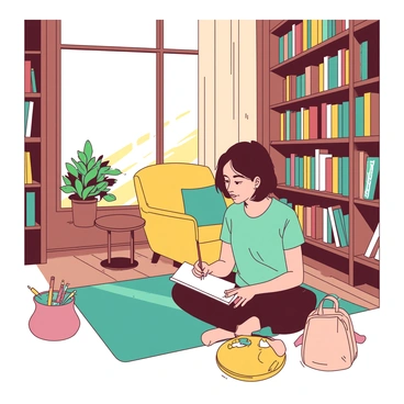 An artist with short brown hair is sitting cross-legged on the wooden floor of a quaint bookstore. The artist is holding a sketchbook and a pencil, with a focused expression while observing the surroundings. The bookstore is filled with colorful books arranged neatly on wooden shelves that reach from the floor to the ceiling. Sunlight filters through a large window, casting warm light on a cozy reading nook with a plush yellow armchair and a small round table. A teal rug is placed on the floor, adding to the inviting atmosphere. Plant pots with green leaves are placed on the window sill, enhancing the charm of the scene. The artist's canvas bag is resting beside them, showcasing colorful art supplies peeking out.