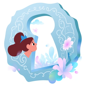 A girl named Alice is peering through a giant keyhole that is set into an ornate wooden door. The keyhole is elaborately designed, featuring intricate patterns and flourishes. Beyond the keyhole, a vibrant, magical world is visible, filled with lush, oversized flowers and whimsical plants in gradient pastel colors. Various fantastical creatures can be seen interacting in the background, creating a sense of wonder. The light streaming through the keyhole casts a soft glow, illuminating Alice's curious expression as she gazes intently into the enchanting scene before her.