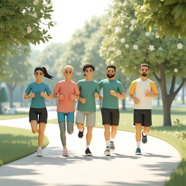 A group of diverse runners enjoying a morning jog through a lush green park.