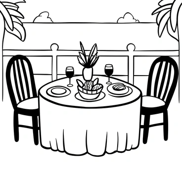 A table elegantly set for brunch on an outdoor patio, with white tablecloth draping down the sides. There are fine china plates and sparkling glassware arranged neatly on the table. A basket filled with assorted pastries sits in the center. Fresh flowers in a simple vase add a touch of beauty to the setting. The patio is surrounded by lush greenery, and in the background, there is a clear view of the ocean, with gentle waves rolling onto the shore. A few chairs with soft cushions are placed around the table, inviting guests to take a seat.