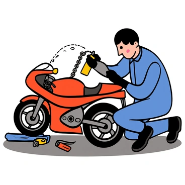 A mechanic with medium skin tone and short black hair is crouching down beside a motorcycle. He is wearing a dark blue work shirt and black gloves. The mechanic is using a spray can to apply lubricant to the motorcycle's chain, with focused expression on his face. The motorcycle is a sleek, modern model in a shiny red color, and the ground beneath is a concrete garage floor with scattered tools and equipment nearby.