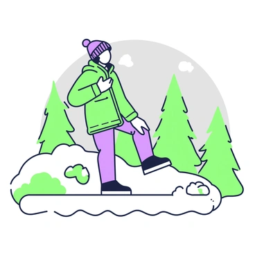 A person is performing a quadriceps stretch on a snow-covered ground. They are wearing a thick winter jacket, warm gloves, and a knitted hat. The individual stands on one leg, pulling the opposite foot towards their buttock with one hand. Surrounding the person is a winter landscape, featuring tall snow-dusted trees in the background and soft, white snow blanketing the ground. Patches of frost can be seen on nearby bushes, adding to the cold atmosphere of the scene. The sky above is gray, indicating a chilly winter day.