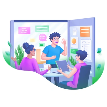 A small, vibrant office filled with plants and colorful decor. An energetic startup owner stands at the center, animatedly discussing ideas with their team. The owner has short, curly hair and is wearing a bright blue shirt. Surrounding them are three team members; one has glasses and is taking notes on a laptop, the second is leaning forward with a thoughtful expression, and the third is gesturing as they share their thoughts. On the walls, there are inspirational quotes in bold letters and a whiteboard filled with diagrams and notes. A large window allows natural light to flood in, illuminating the lively atmosphere.