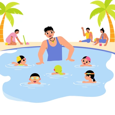A swimming trainer with short hair, wearing a bright blue swimsuit and a whistle around their neck, is demonstrating floating techniques. The trainer is positioned in the water, showing the correct position while surrounded by children. The children, wearing colorful swim caps and goggles, are practicing floating on their backs. The scene is set in a sunny outdoor pool, with clear blue water and palm trees lining the edges. Brightly colored pool toys are scattered around, and a few cheerful spectators are seated on the pool deck, watching the lesson.
