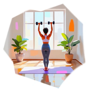A person with medium skin tone and short hair is performing shoulder presses as part of a yoga sequence. They are dressed in a fitted, comfortable athletic outfit. The individual stands on a yoga mat, positioning their arms above their head with weights in their hands. The studio features large windows allowing natural light to illuminate the space. There are potted plants in the corners and calming colors on the walls. The person appears focused and balanced, integrating strength training within their yoga practice.
