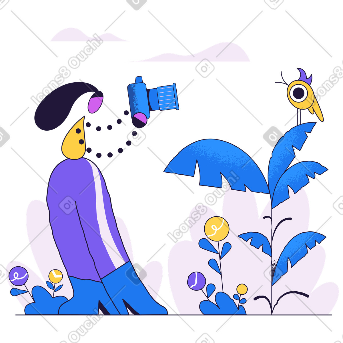 Ilustración Mujer tomando una foto de un ave exótica en estilo Conifer a descargar en PNG y SVG