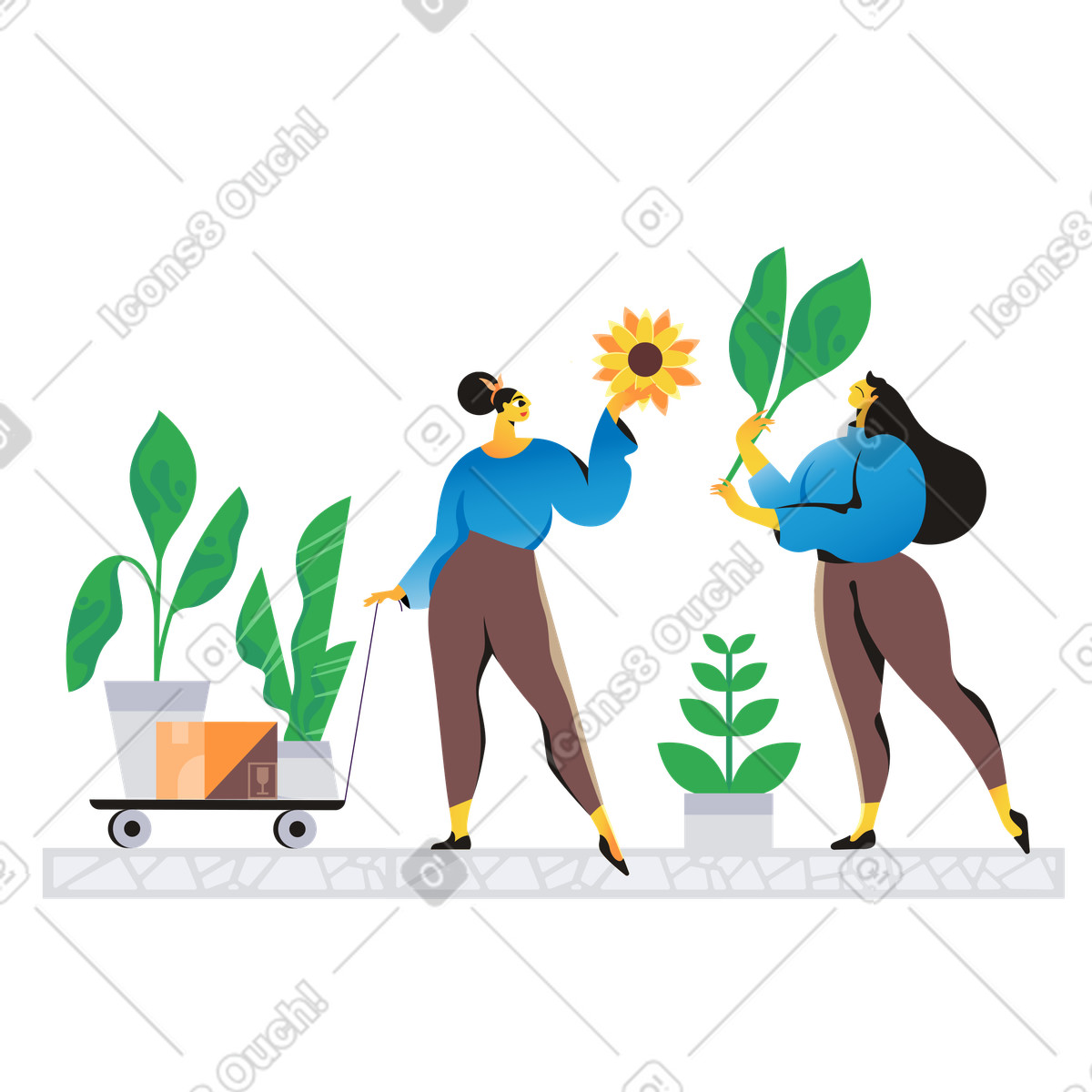 下载 Jaconda 风格的 Two people tending to potted plants, Urban gardening and plant care 插画，支持 PNG、SVG 格式