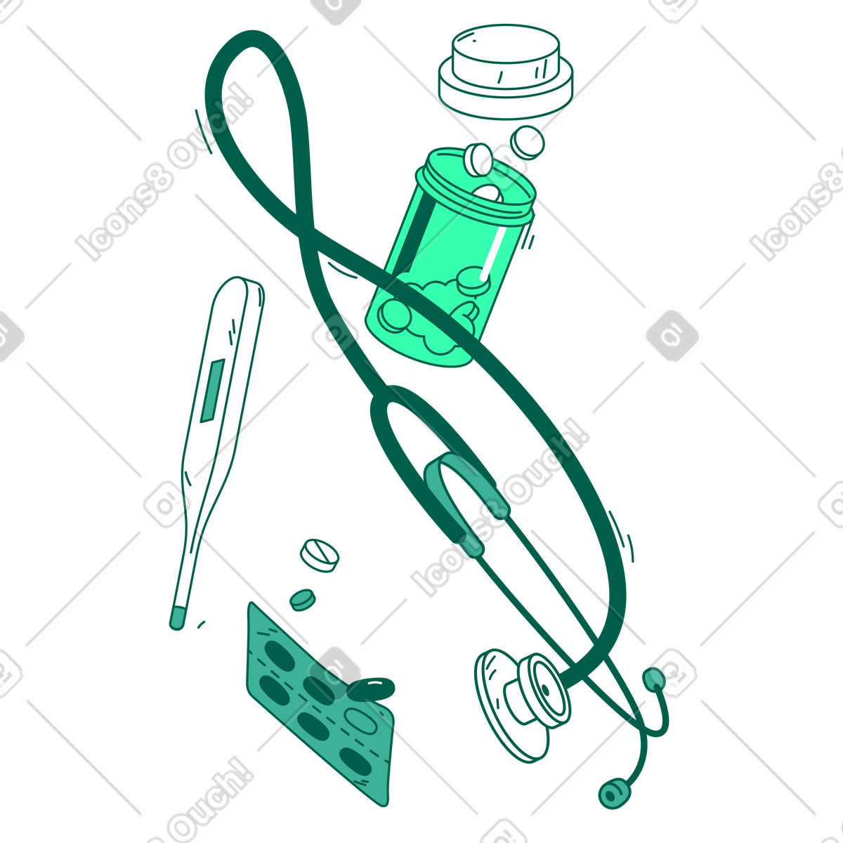 Fonendoscopio, termometro medico e farmaci illustrazione in stile Storyline scarica in PNG, SVG