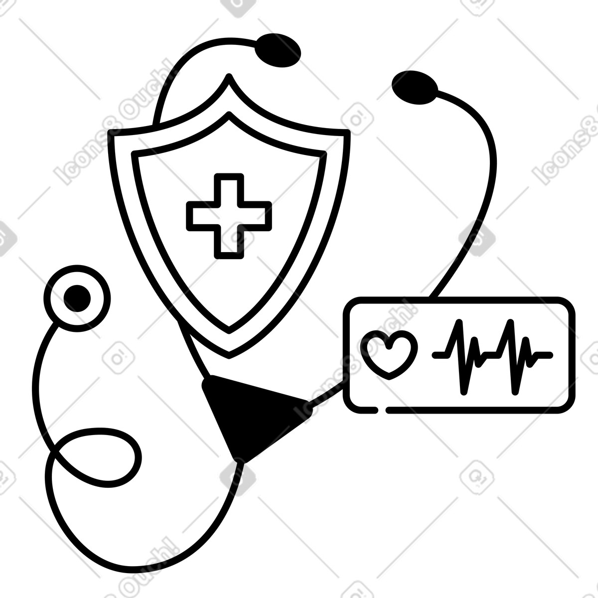 Illustration Insurance shield with medical cross and stethoscope indicating preventive healthcare safety dans le style Notion Line Art à télécharger aux formats PNG, SVG