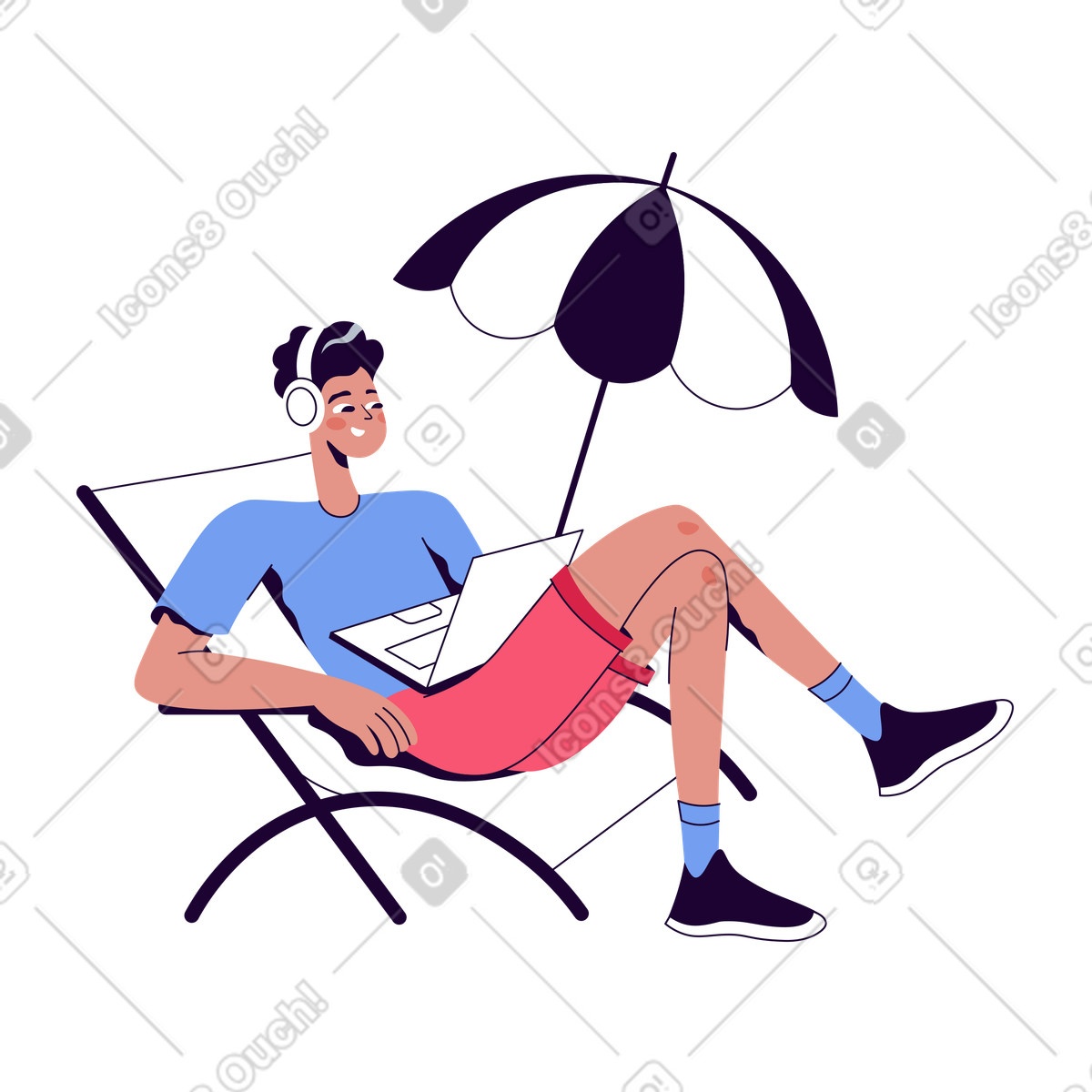 Guy sta facendo un lavoro a distanza nel resort illustrazione in stile Martina scarica in PNG, SVG