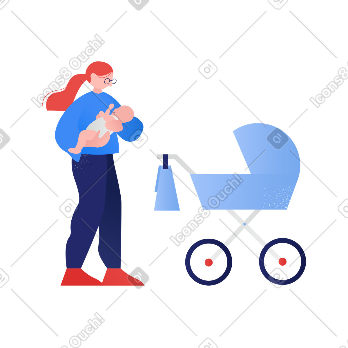 Clip スタイルの Woman with baby stroller holding a child in her arms のイラストをPNG、SVG形式でダウンロード