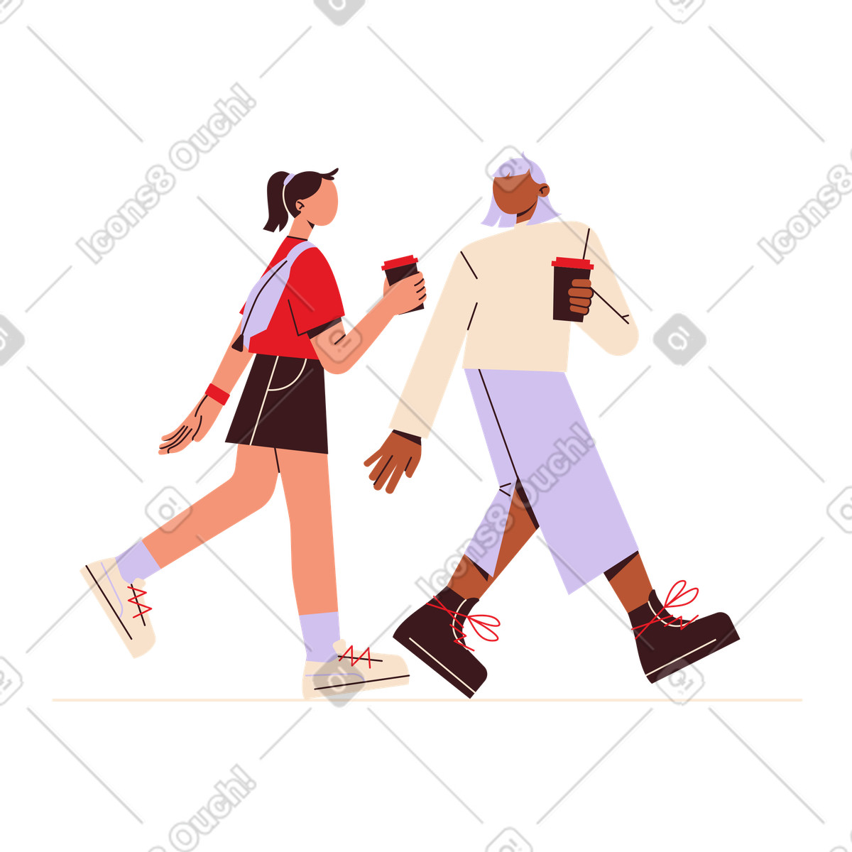 Friends walking with takeaway coffee, social outing and casual meetup illustration in Folks style download in PNG, SVG