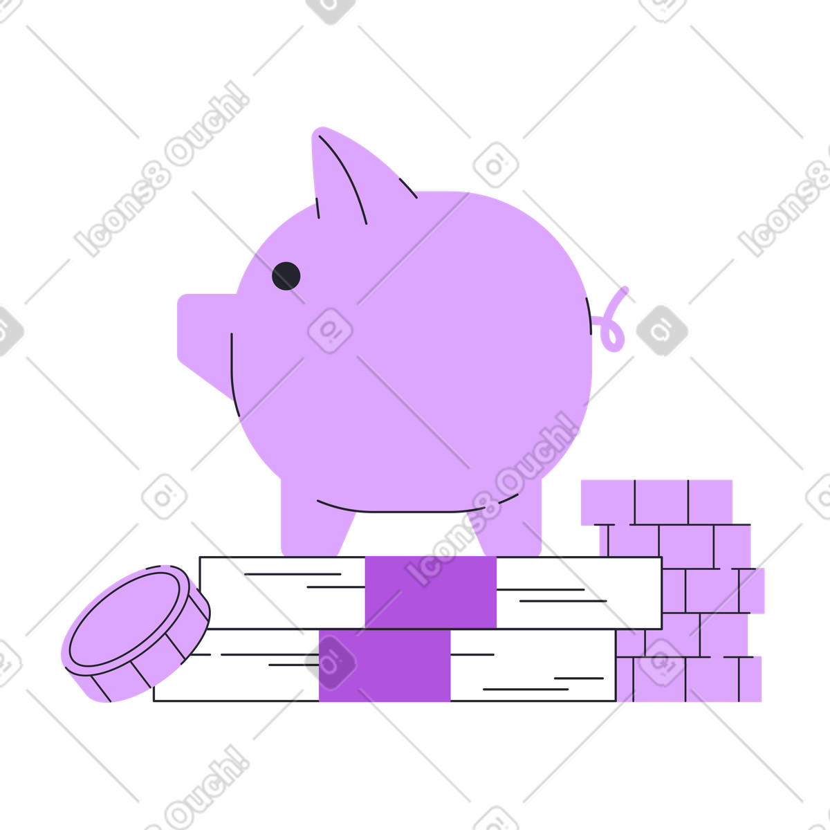 Salvadanaio, pile di soldi e monete illustrazione in stile Grapy scarica in PNG, SVG