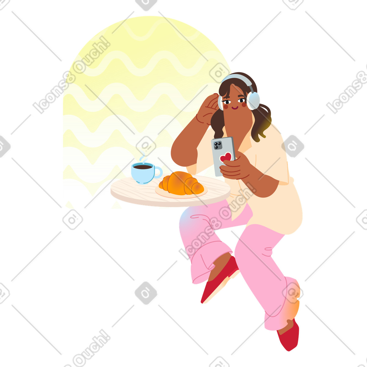 Frau mit kopfhörern schaut beim frühstück videos-Illustration im Fizzy-Stil als Download in PNG, SVG