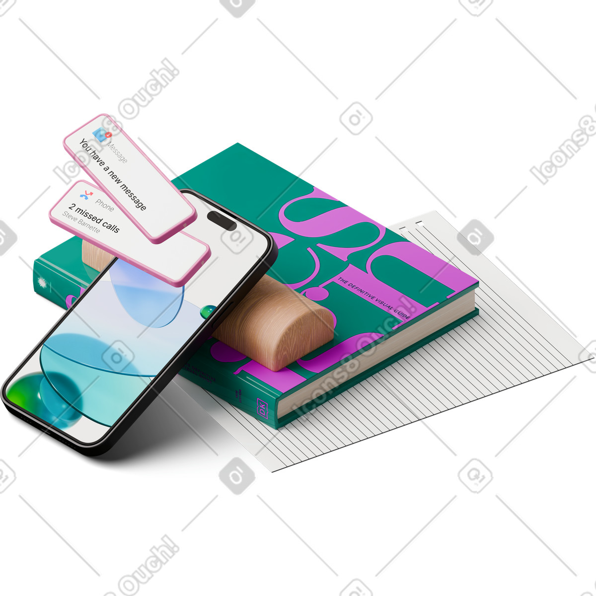 Isometric view of notebook sheet paper and smartphone with notifications illustration in 3D Hygge style download in PNG, SVG