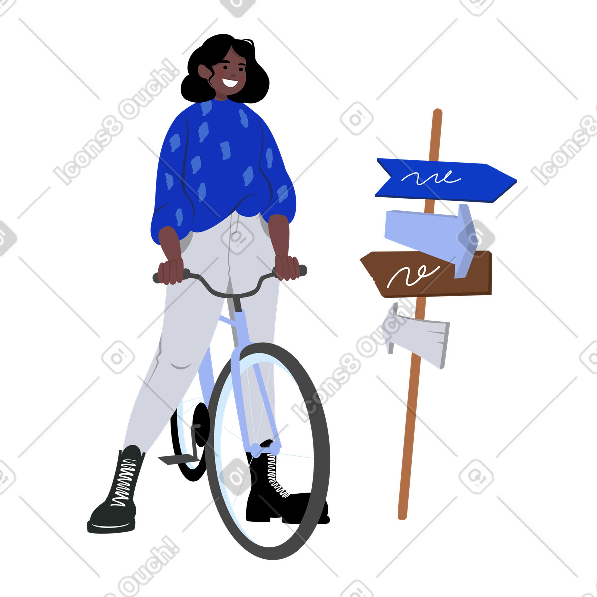 Ilustração de A garota na bicicleta parou no poste sinalização em estilo Lagom para baixar em PNG, SVG