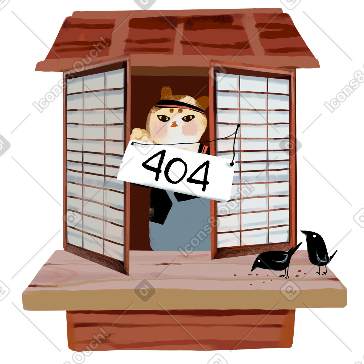 Ikigai スタイルの Cat putting up a 404 error sign のイラストをPNG、SVG形式でダウンロード