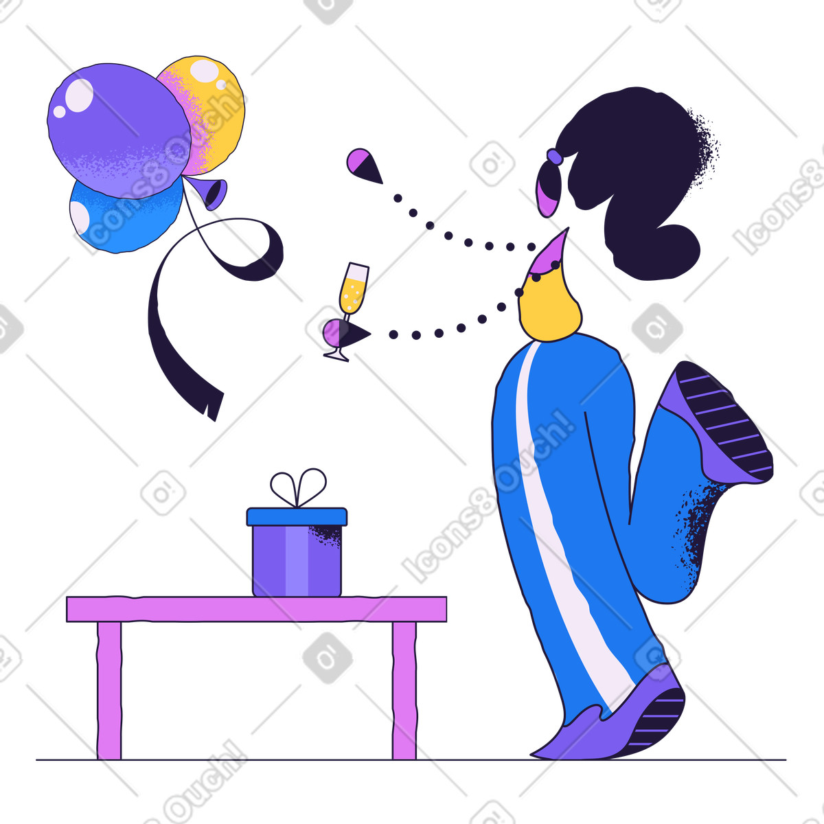Illustration Femme avec du champagne et un coffret cadeau faisant la fête dans le style Conifer à télécharger aux formats PNG, SVG