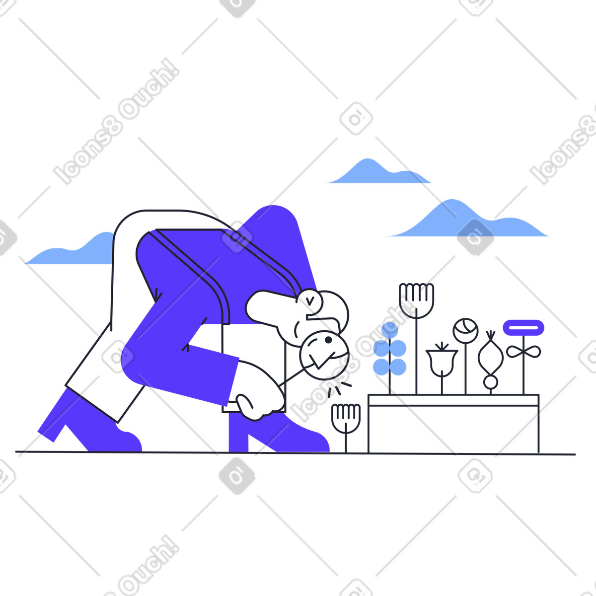 Gardener inspecting plants with magnifying glass illustration in Pablita style download in PNG, SVG