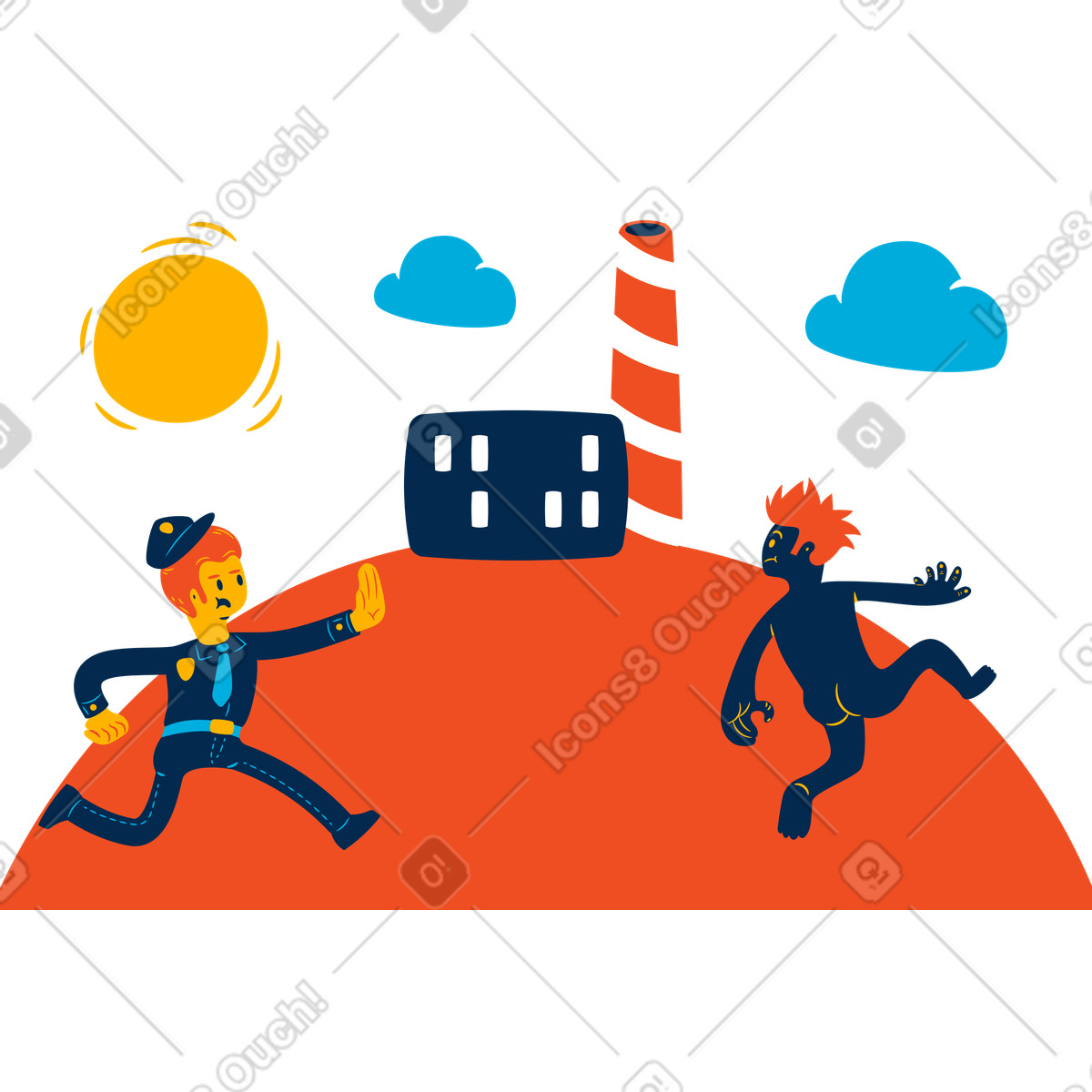 Poliziotto che insegue un uomo nudo scappa illustrazione in stile Flame scarica in PNG, SVG