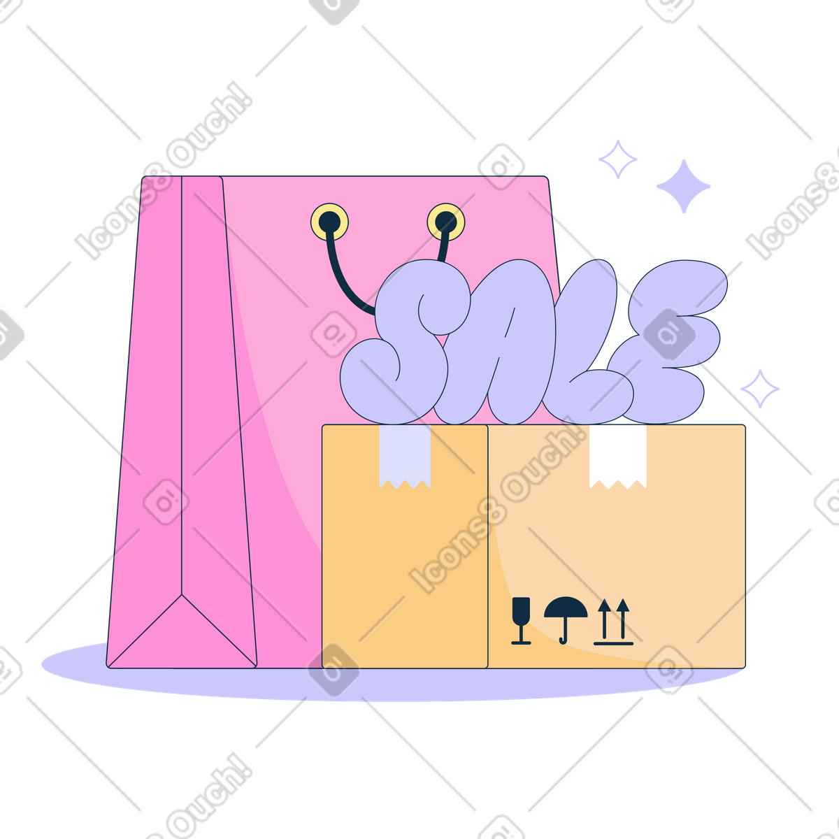 Text sale lettering, box and shopping bag illustration in Bubble gum style download in PNG, SVG