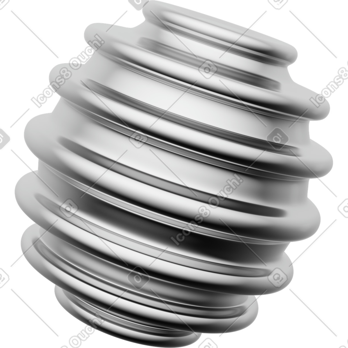Silver ribbed spherical object, metallic grooved hive, abstract chrome shape illustration in 3D Playful style download in PNG, SVG