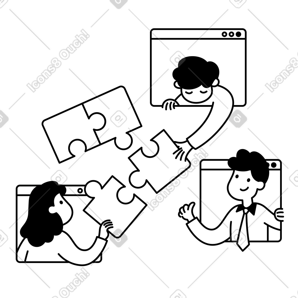 Ilustração de Team collaboration puzzle pieces shared through online browser windows together em no estilo Notion Line Art para baixar em PNG, SVG