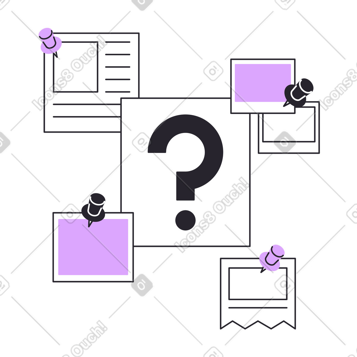 Sheet with big question mark papers and photos around illustration in Grapy style download in PNG, SVG