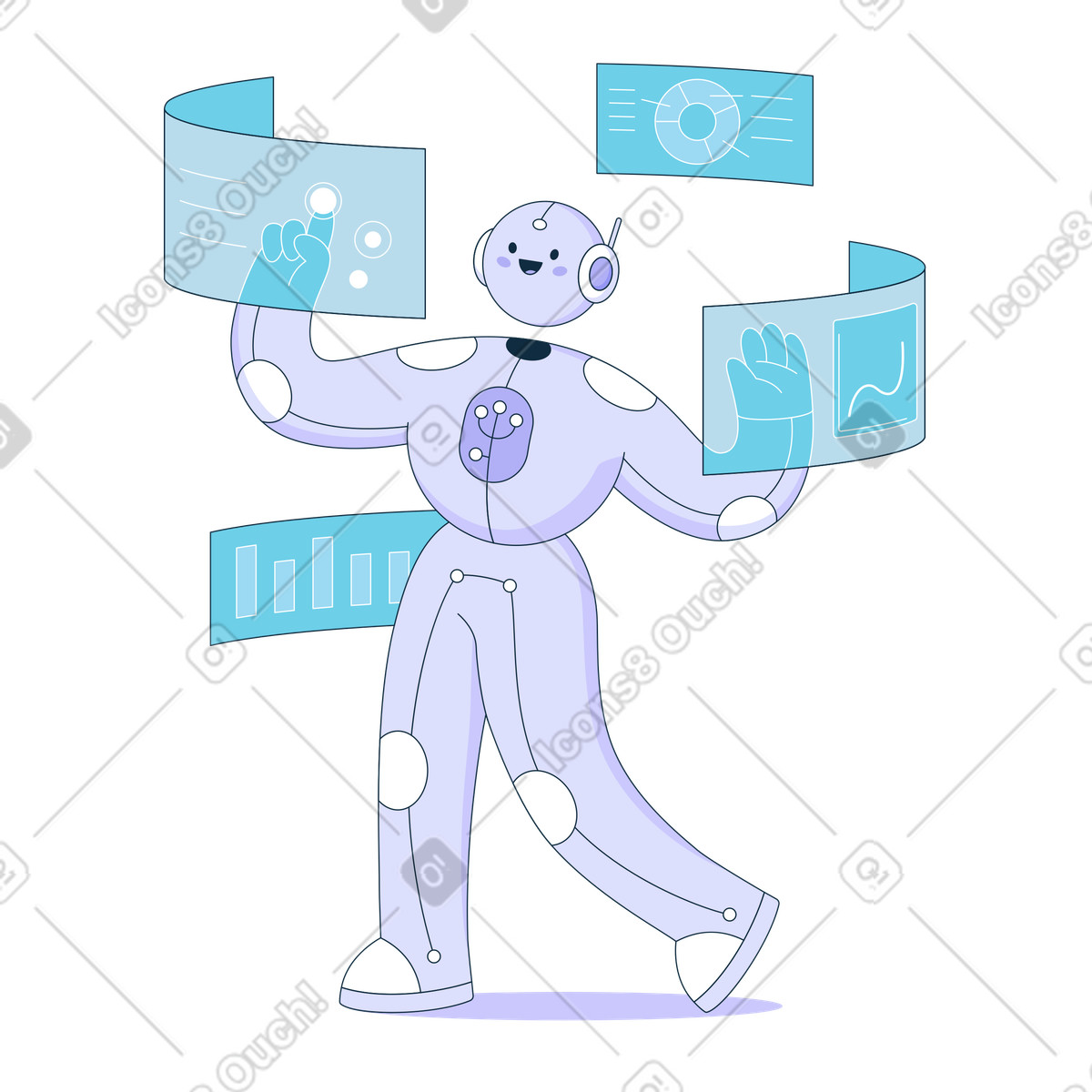 Artificial intelligence robot interacting with screens illustration in Bubble gum style download in PNG, SVG