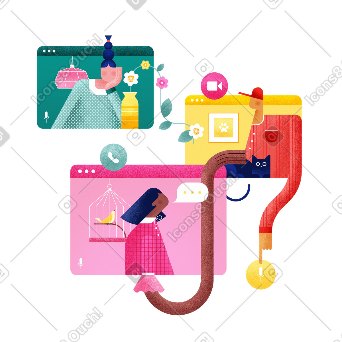 Friends in colorful video chat windows, Virtual meeting and digital socializing-Illustration im Willowy-Stil als Download PNG, SVG