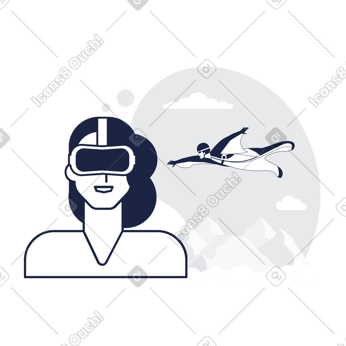 Donna in paracadutismo con cuffie da gioco vr illustrazione stile Urban Line scarica PNG, SVG