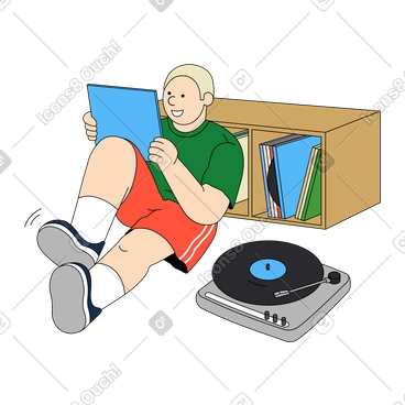 Young man listening to music on a vinyl record player PNG, SVG