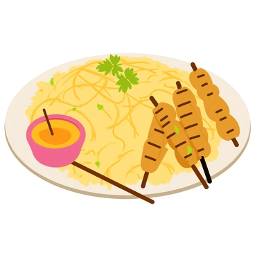 A large circular platter filled with colorful biryani rice, featuring vibrant yellow saffron strands and green cilantro sprinkled on top. The biryani is accompanied by several succulent kebabs placed on wooden skewers, which are arranged neatly beside the rice. The kebabs are golden brown with visible grill marks, and they are garnished with fresh herbs. A small bowl of tangy sauce is placed on the side for dipping. The overall presentation is appetizing and inviting.