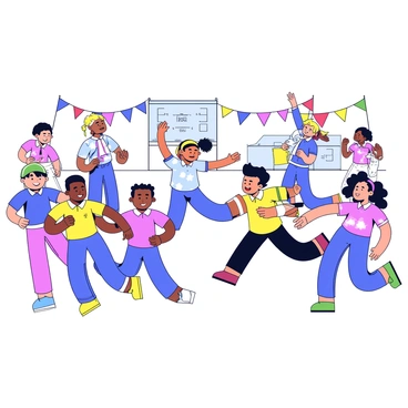 A school sports day event is taking place on a sunny day. Children of diverse backgrounds are participating in various games and activities. There are several groups of kids wearing colorful team jerseys, each with unique patterns. One group is racing in a relay, passing a baton, while another group is engaged in a friendly tug-of-war. 

In the background, a teacher is holding a stopwatch, and some parents are cheering from the sidelines. Colorful banners and flags are fluttering in the gentle breeze. A large scoreboard displays the scores of the different teams. Near the center, a young girl is jumping up in excitement, holding a ribbon in her hand as a symbol of her achievement.