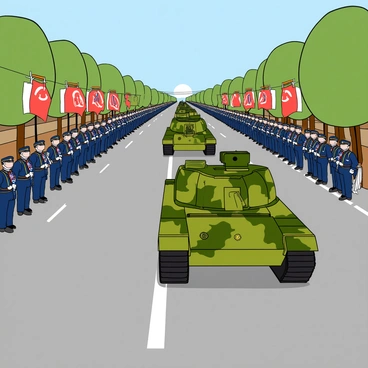 A wide avenue is lined with spectators watching a military parade. Soldiers in crisp uniforms stand in precise formation, displaying a sense of discipline and order. Each soldier has a shining badge on their chest, with some carrying flags. In the foreground, a line of imposing tanks rolls down the avenue, showcasing their powerful presence. The tanks have vibrant camouflage patterns and are adorned with insignias. Banners bearing various military symbols wave in the air, adding to the atmosphere of the event. The sky is clear, and the sun shines brightly on this momentous occasion.