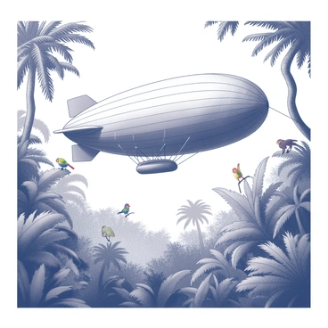 An airship is floating above a lush, dense jungle. The jungle is teeming with various forms of exotic wildlife, including colorful birds perched on branches and monkeys swinging from trees. Thick foliage and towering trees create a vibrant canopy below. The airship features a large, streamlined envelope and a sturdy gondola, with ropes securing it in place. The scene captures the rich textures of the jungle, with visible leaves and vines intertwining, creating a sense of depth and wilderness.