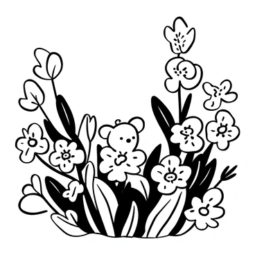 A tiny field mouse with delicate features is peeking through a patch of flowers, framed by soft, flowing petals. The flowers are intricately detailed with varying shapes and sizes, creating a dense, enchanting backdrop. The mouse is positioned at the edge of the vibrant cluster, with its small body partially hidden among the foliage. Various leaves and stems intertwine with the flowers, adding depth to the scene. The overall composition highlights the mouse's curious posture and the lushness of its surroundings.