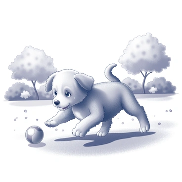 A small puppy with fluffy fur is in a garden. It is energetically playing with a ball, which has distinct patches of color. The puppy's ears are perked up, and its tail is wagging excitedly as it chases after the ball. The garden surrounding the puppy is filled with green grass and scattered flowers. There are a few trees in the background providing shade, and the scene captures the playful energy of the puppy.