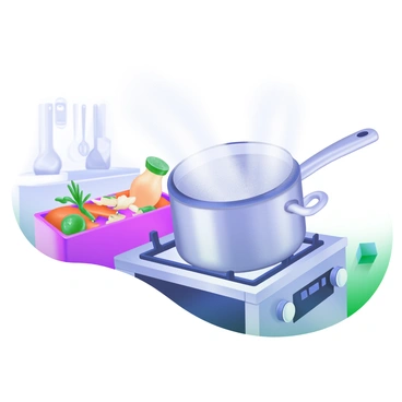 A cooking pot placed on a modern stove with steam rising vigorously from its surface. The pot is silver with a shiny finish, and it features a lid slightly ajar, allowing steam to escape. Surrounding the pot are various ingredients like vegetables and spices, arranged neatly. The stove has knobs and a digital display, indicating it is currently in use. In the background, there is a kitchen countertop with utensils, adding to the cooking environment. The scene captures the dynamic action of cooking, emphasizing the steam and the pot's design.