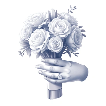 A close-up view of a bride's hands gracefully holding a bouquet of fresh flowers. The bouquet is arranged with various types of flowers, showcasing their intricate details and textures. The bride is wearing a sparkling ring on her ring finger, which is prominently displayed near the flowers. The hands are adorned with soft, elegant features, accentuating the delicate nature of the scene.