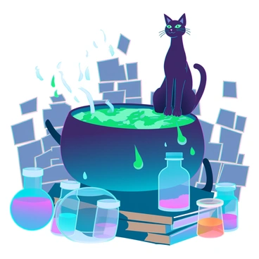 A large, bubbling cauldron filled with a vibrant green liquid is placed at the center of the scene. Surrounding the cauldron are various potion bottles of different shapes and sizes, each containing colorful liquids in hues of blue, purple, and orange. A sleek black cat with bright green eyes sits atop a stack of ancient spell books, gazing curiously at the cauldron. The setting is dimly lit, with flickering candlelight reflecting off the glass potion bottles, casting shadows on the stone walls. A few wisps of smoke rise from the cauldron, adding to the mystical atmosphere.
