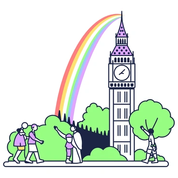 Big Ben with a vibrant rainbow arching over it