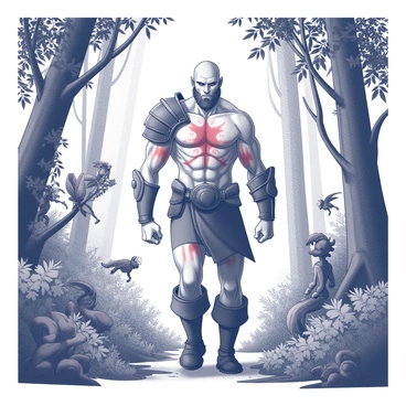 A tall, muscular figure of "Kratos" is walking through a dense forest. He has a fierce expression and is dressed in armor, with a prominent red tattoo running down his body. The forest is filled with various plants, trees, and foliage, showcasing intricate details in the leaves and branches. Surrounding him are various creatures, with some perched on branches and others lurking in the underbrush. The scene is rich in texture, with the contrast between the character and the natural elements creating a striking visual.