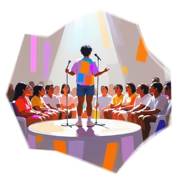 A poet with short black hair and wearing a colorful shirt stands confidently on a well-lit stage, holding a microphone in one hand. The backdrop features soft colors, enhancing the focus on the performer. The audience, made up of diverse individuals of various ages and backgrounds, sits in rows, listening intently and reacting with engaged expressions. Some audience members are nodding, while others have their arms crossed, engrossed in the performance. A spotlight shines down on the poet, creating a sense of intimacy in the setting.