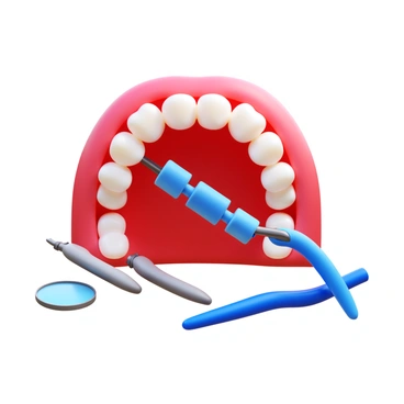 A 3D icon depicting a dental bridge fitting process. The image showcases a mouth open wide, revealing the gums and teeth. The dental bridge is partially inserted, clearly illustrating its connection between two teeth. Tools such as dental mirrors and forceps are positioned nearby, indicating the dental procedure is actively taking place. The focus is on the bridge, highlighting its details and structure, with emphasis on the materials used, making them visible in the representation.