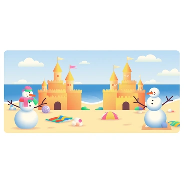 A playful scene of snowmen challenging sandcastles on a divided beach