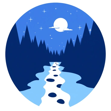Footprints are visible on a narrow trail, illuminated by silvery moonlight that creates soft shadows. The trail is surrounded by dark, dense trees, their silhouettes contrasting against the light. Above, the night sky is filled with small, bright stars twinkling amidst a deep blue backdrop. The moon is partially obscured by a few wispy clouds, casting a gentle glow over the scene.