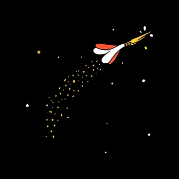 A badminton birdie soaring through a dark night sky, leaving a bright, glowing trail behind it, resembling a comet. The birdie's feathers are white and red, catching the light as it moves swiftly. Stars are scattered across the night sky, twinkling in the background, highlighting the movement of the birdie as it arcs through the air. The scene conveys a sense of speed and motion, with the trail sparkling like stardust.