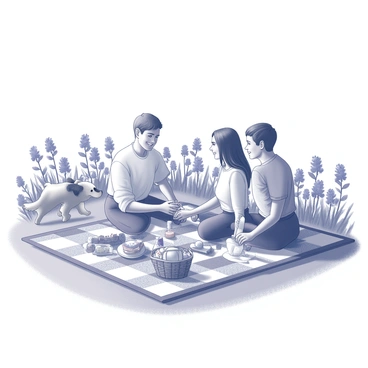 A family gathered together for a picnic on a checkered blanket spread out on the grass. The picnic includes a basket filled with various foods such as sandwiches, fruits, and drinks. The family consists of four members: two adults sitting on the blanket and two children playing nearby among the bluebonnet flowers. The bluebonnets create a colorful backdrop, filling the park with blossoms. The adults share smiles while engaging with each other, and a playful dog is seen running around the children, adding to the joyful atmosphere.