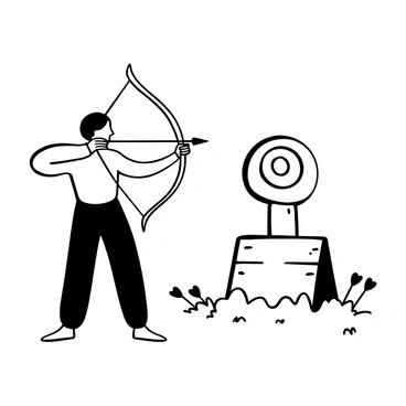 An archer standing with a poised stance, firmly holding a bow drawn back, ready to release an arrow. The archer's body is slightly turned, showcasing a taut string held between the fingers. A wooden target, marked with concentric circles, stands at a distance. There are a few arrows scattered around the base of the target, and the ground is uneven, covered with patches of grass and small stones. The scene conveys a sense of focus and determination.